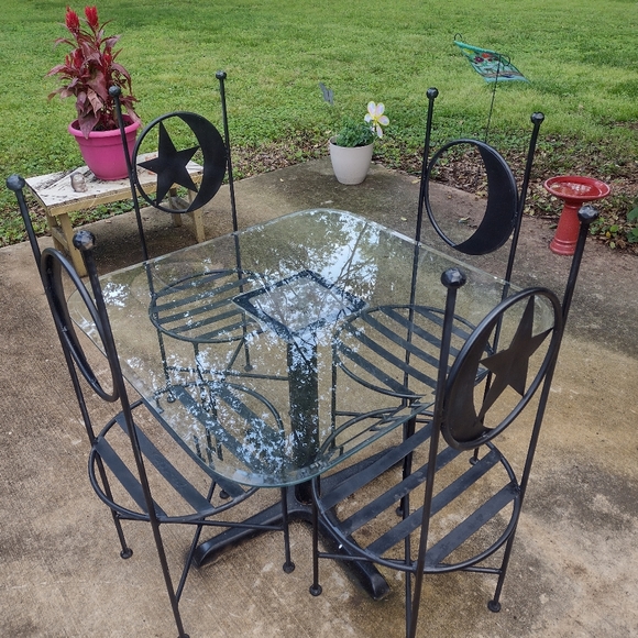 Antique French Wrought Iron Forged Outdoor Chairs w Wrought Iron Glass Top Table - Picture 15 of 16